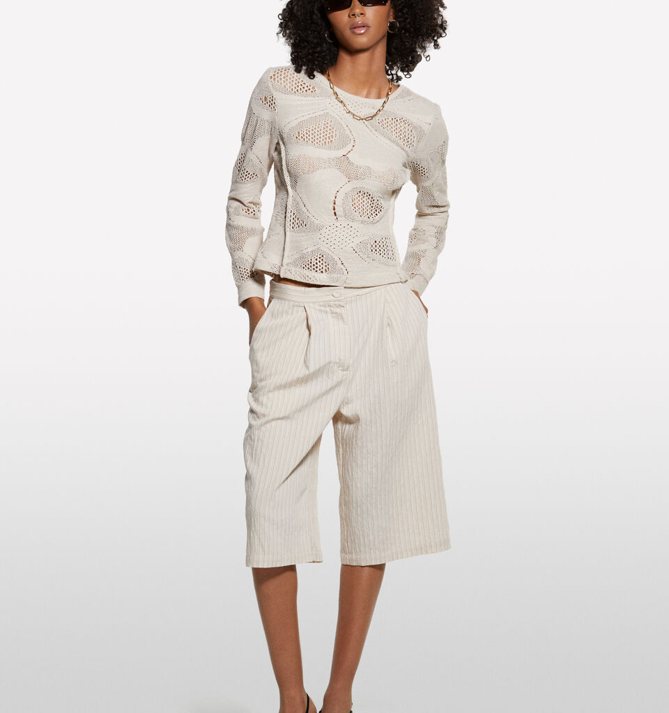 Cream white striped bermudas - women's shorts - Creamy White | Sisley image number 1